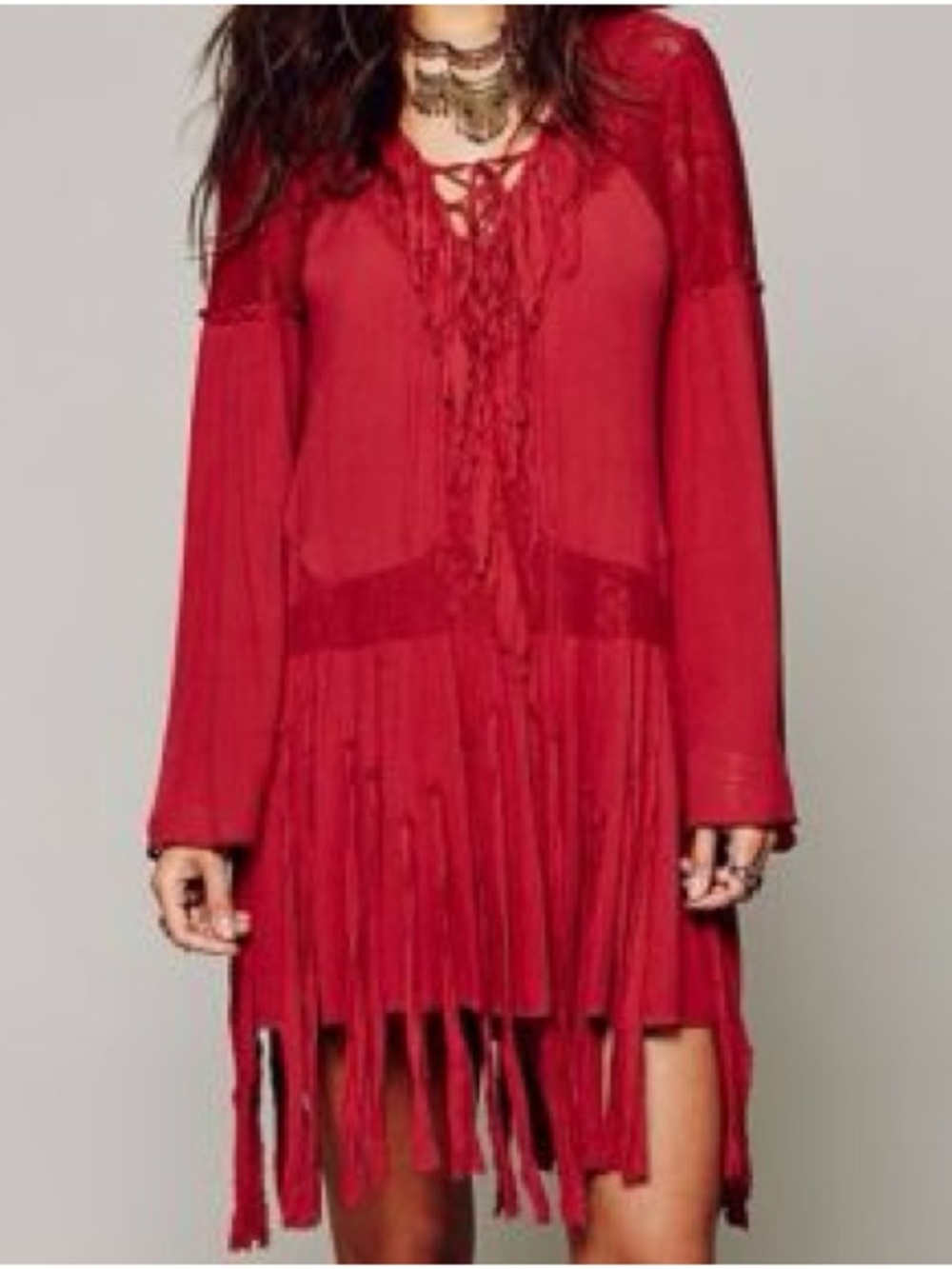 Free People Red Long-Sleeve Fringe Lace-Up Boho Dress